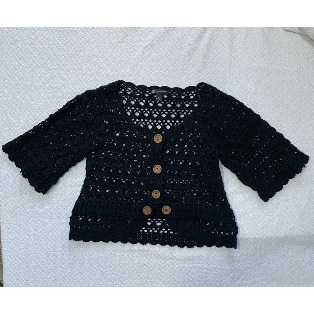 Boho Crochet Knit Cardigan Black Cotton INC Petite L Coastal Grandma 70s Retro